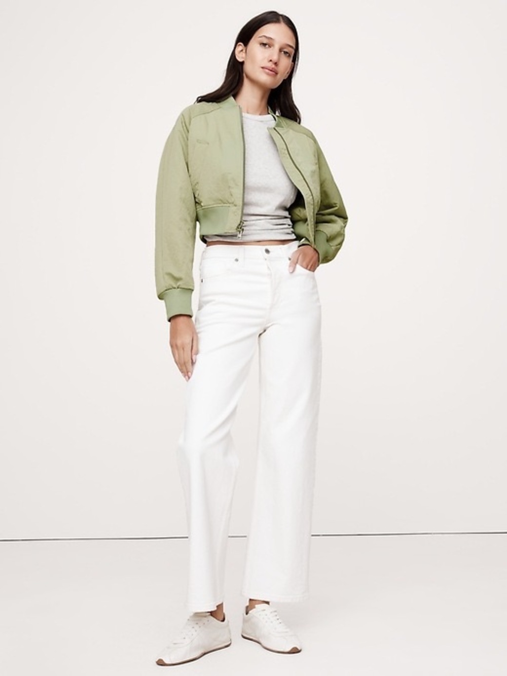 Banana Republic Cropped Light Olive Green Bomber Jacket